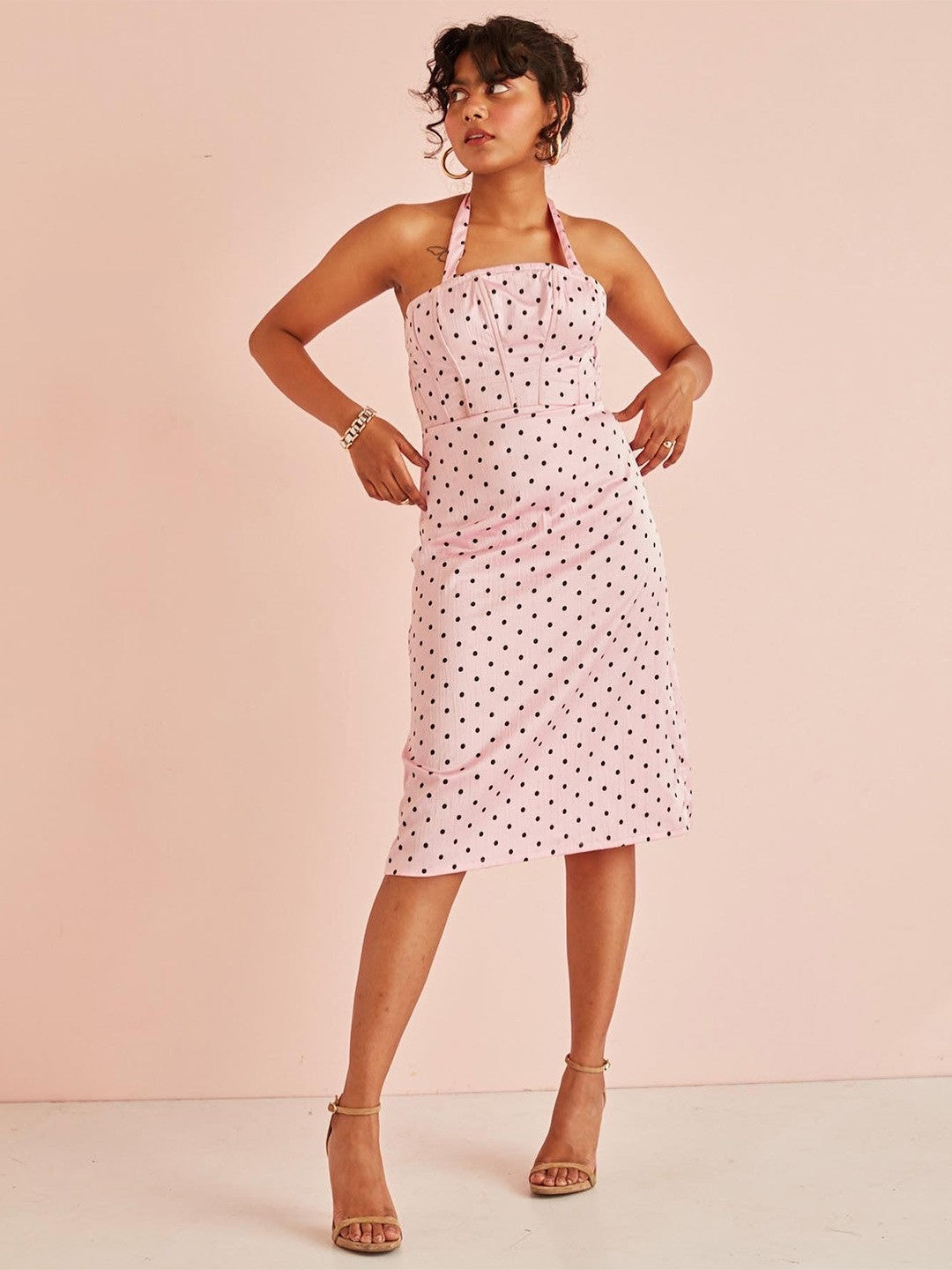 Lea Pink and Black Polka Dotted Halter Neck A-Line Dress