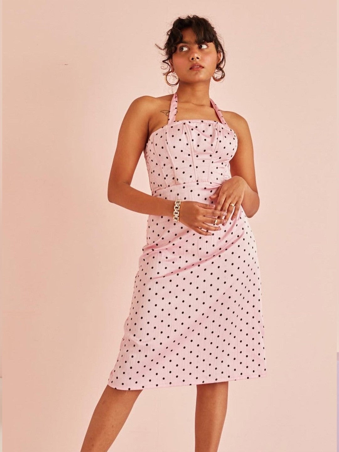 Lea Pink and Black Polka Dotted Halter Neck A-Line Dress