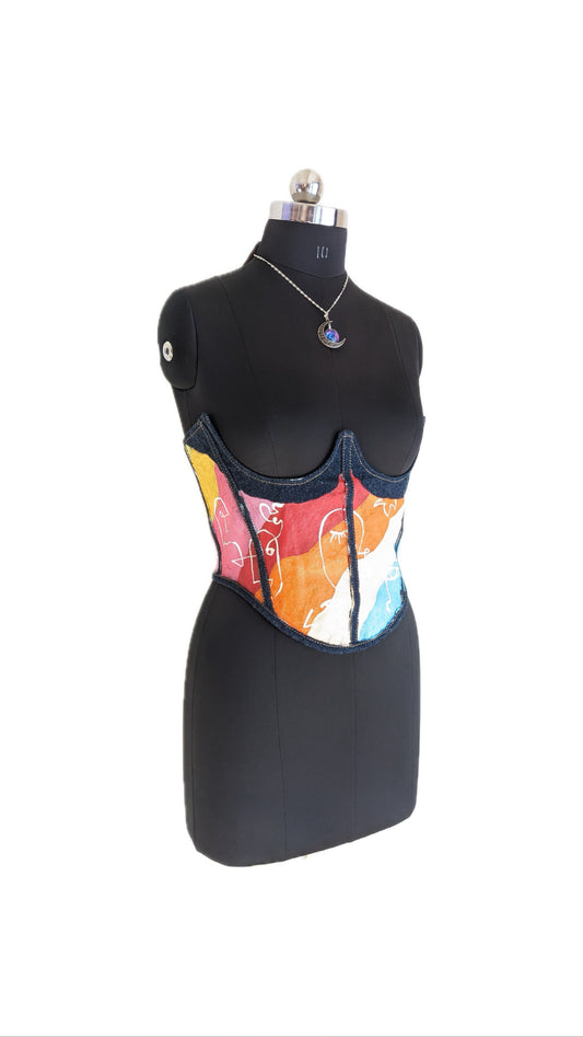 Hand painted Denim Faces Abstract Under Bust Corset