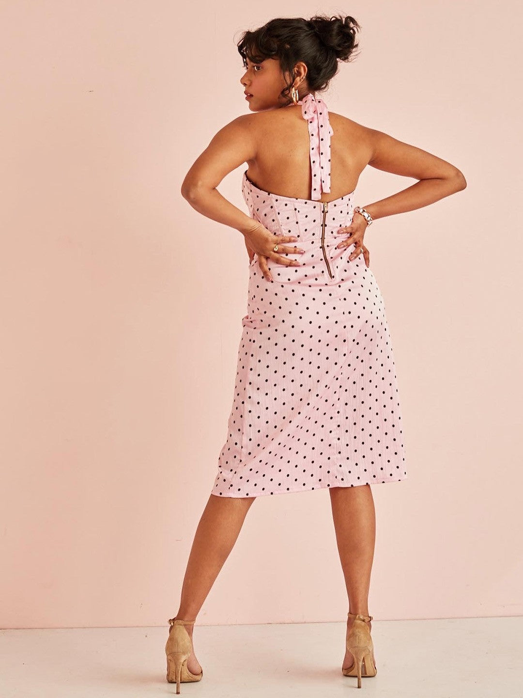 Lea Pink and Black Polka Dotted Halter Neck A-Line Dress