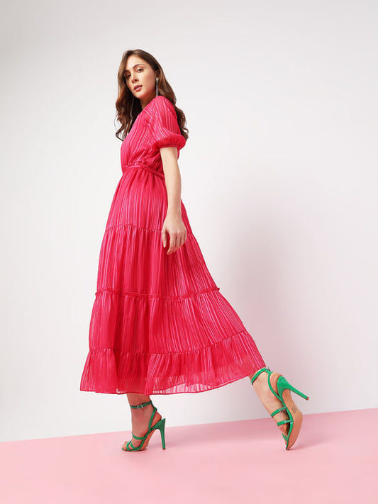 Vero Moda Pink Striped Tired Maxi Dress