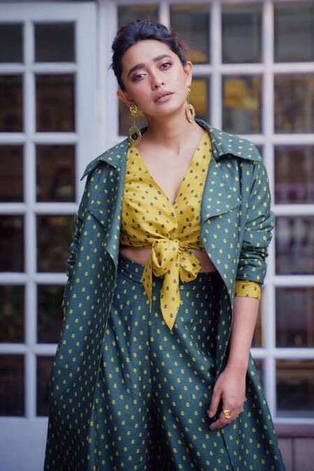 Koai Green Muslin Silk Crop Top V Neck Jacket Lapel Printed Pant Set With