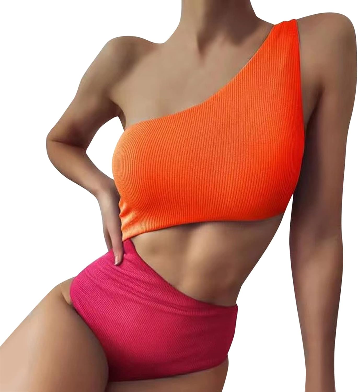 Women's One Shoulder Two Tone Colorblock Monokini One Piece Swimsuit Orange Hot Pink