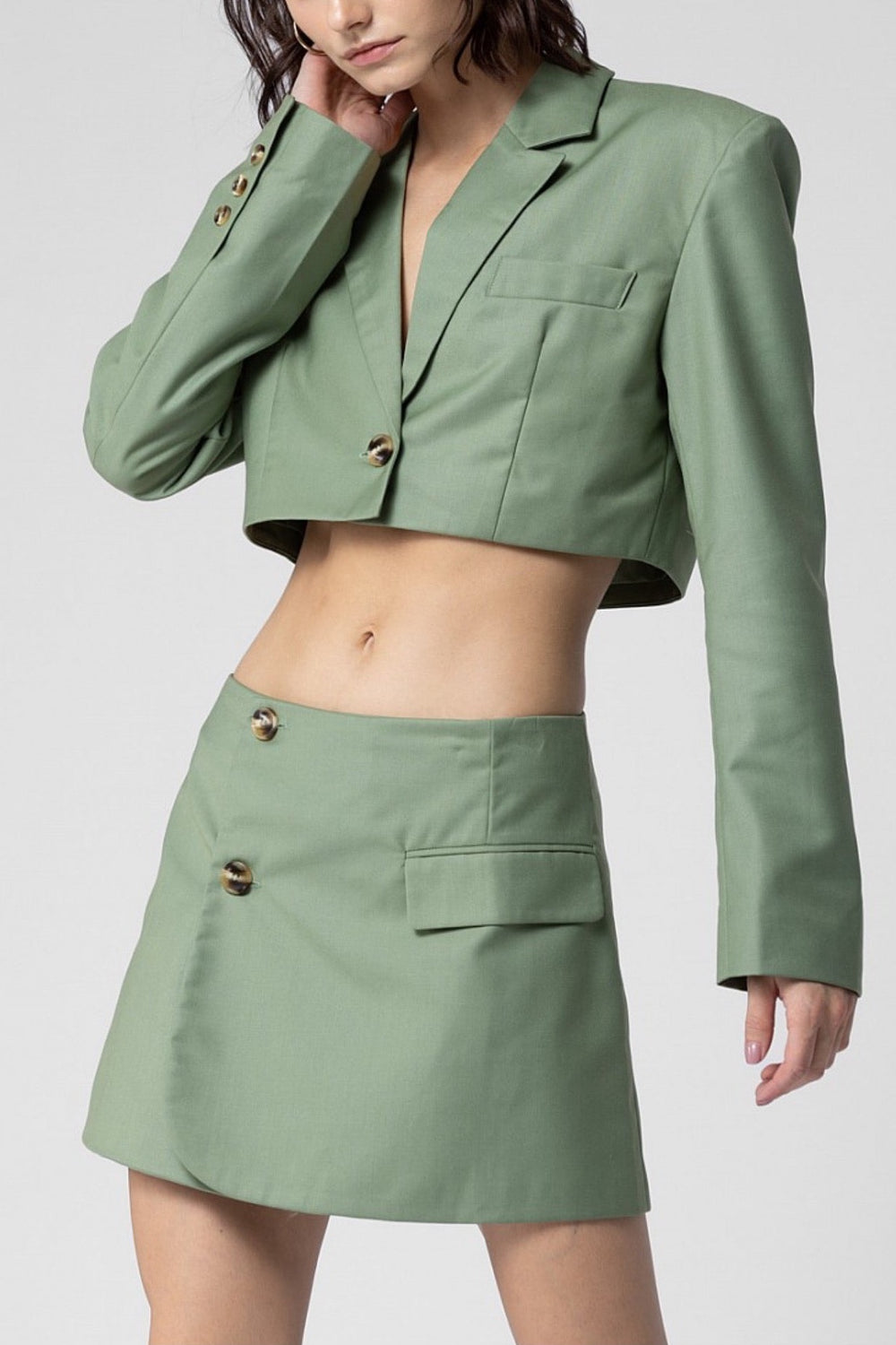 Green Cropped Blazer And Skirt Set