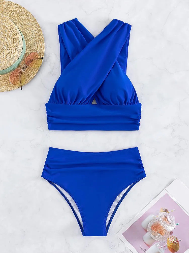 Peachy Blue High-Waisted Bikini Set: Korean-Style Push-Up Swimwear for Women