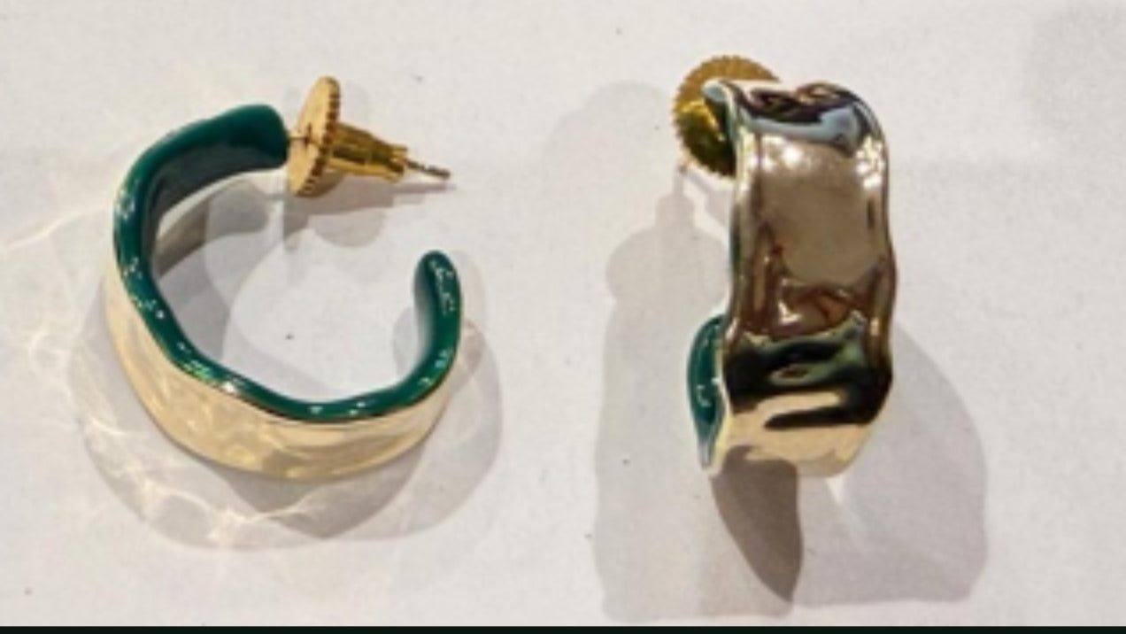 Gold/Green Broad Half Moon Earrings