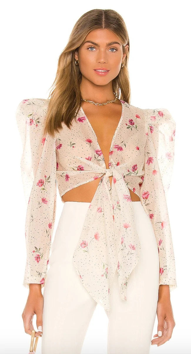 L' Academie The Lottie Long Sleeve Sheer Crop Top