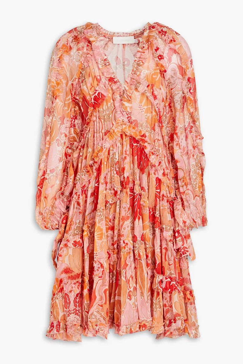 Zimmerman Ruffled Floral Silk Crepon Mini Dress