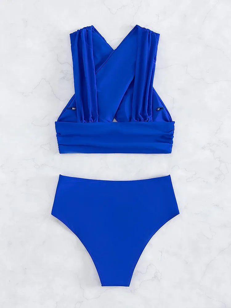 Peachy Blue High-Waisted Bikini Set: Korean-Style Push-Up Swimwear for Women