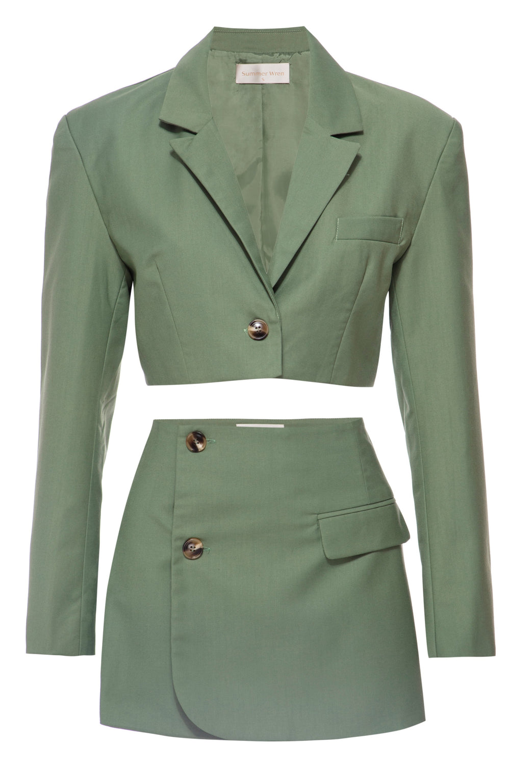 Green Cropped Blazer And Skirt Set
