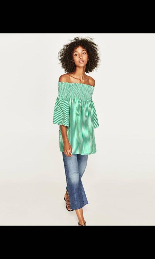 Zara striped off store the shoulder dress