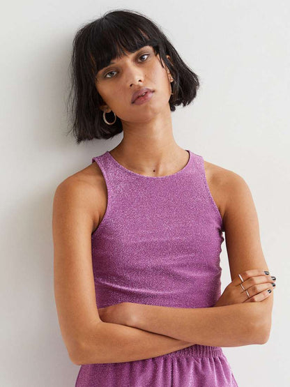 H&M Pink Glittery Round Neck Cropped Top