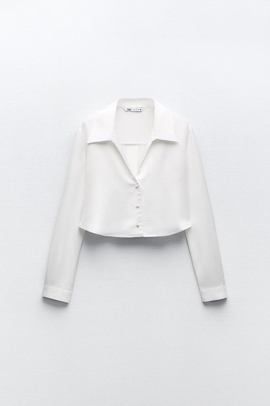 Zara Cropped Satin Shirt-White