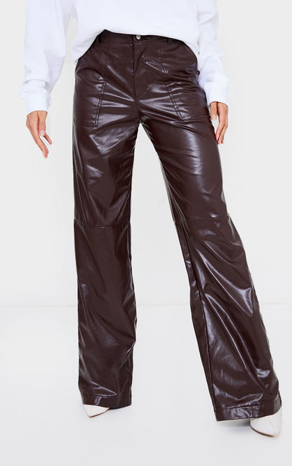 Prettylittlething Chocolate Faux Leather Stitch Detail Wide Leg Pant