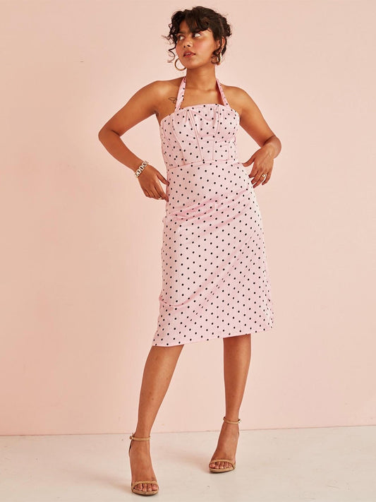 Lea Pink and Black Polka Dotted Halter Neck A-Line Dress