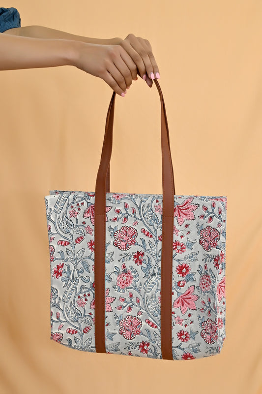 Floral Fusion Block Print Tote Bag
