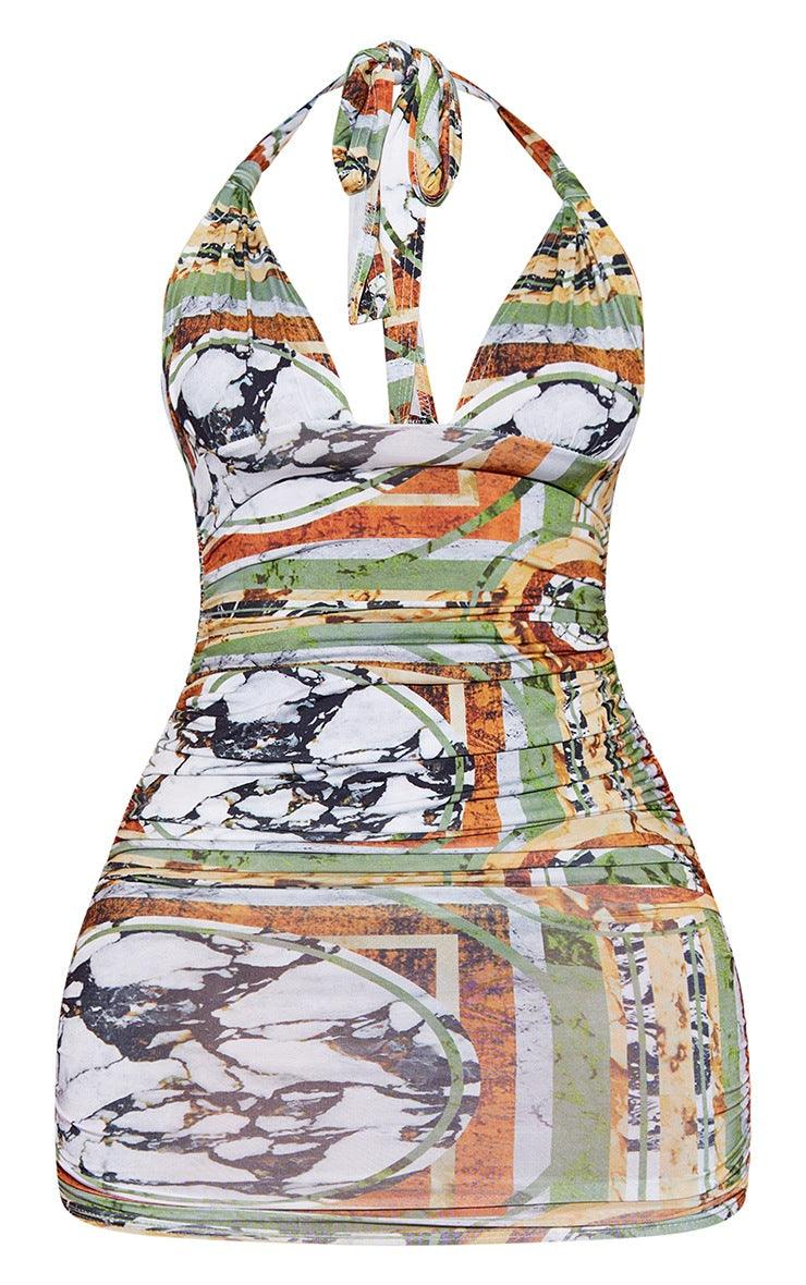 PrettyLittleThing Shape Khaki Tile Print Halter Neck Ruched Bodycon Dress