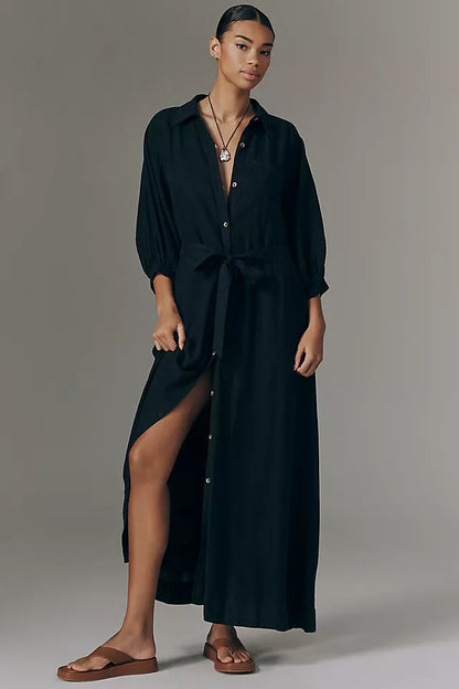 Maeve Mona Linen Blend Maxi Shirtdress