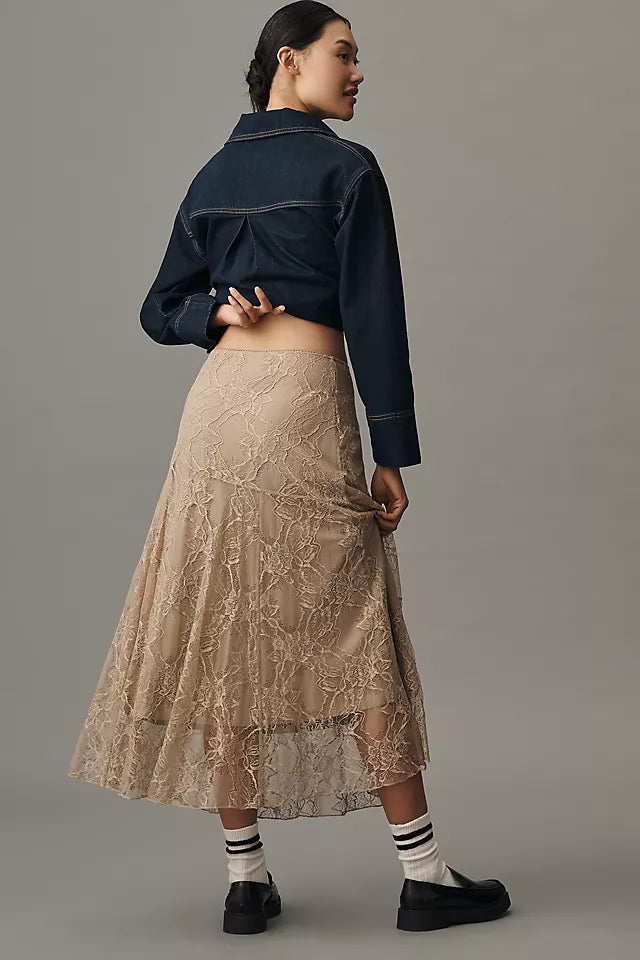 By Anthropologie Asymmetric Drop-Waist Lace Midi Skirt