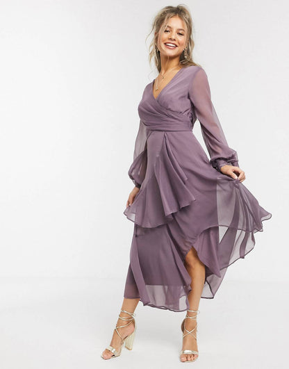 Asos Wrap Waist Midi Dress With Double Layer Skirt & Long Sleeve In Mauve