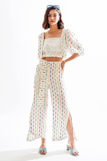 Cin Cin White Cotton Print Stripes Square Neck Hyphen Top & Pant Set