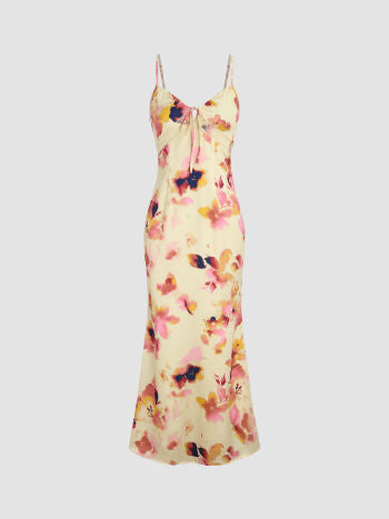 CIDER SATIN FLORAL KNOTTED V-NECK MAXI DRESS