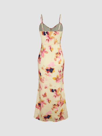 CIDER SATIN FLORAL KNOTTED V-NECK MAXI DRESS