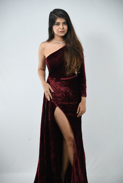 Dolly J Maroon Velvet Evening Gown