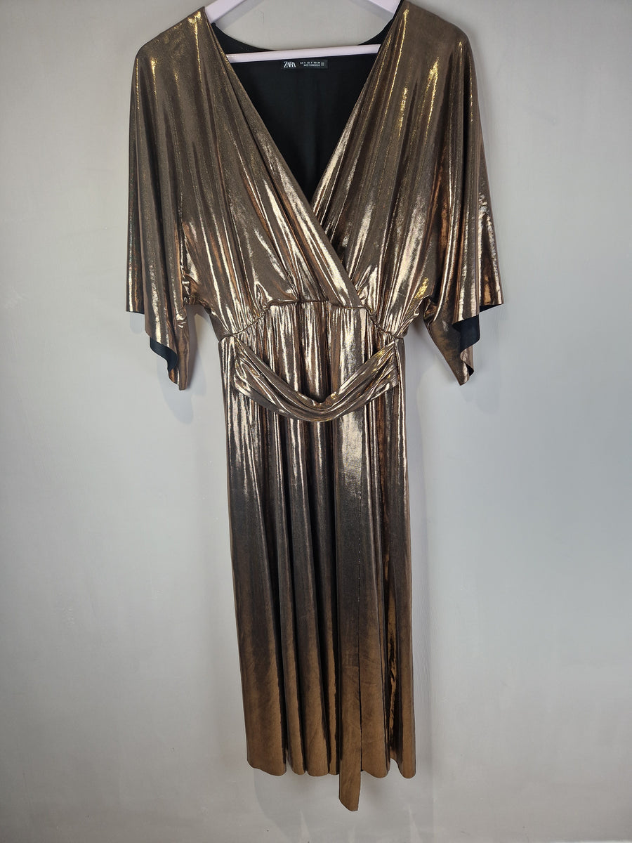 Zara Bronze Metallic Long Dress Size Small