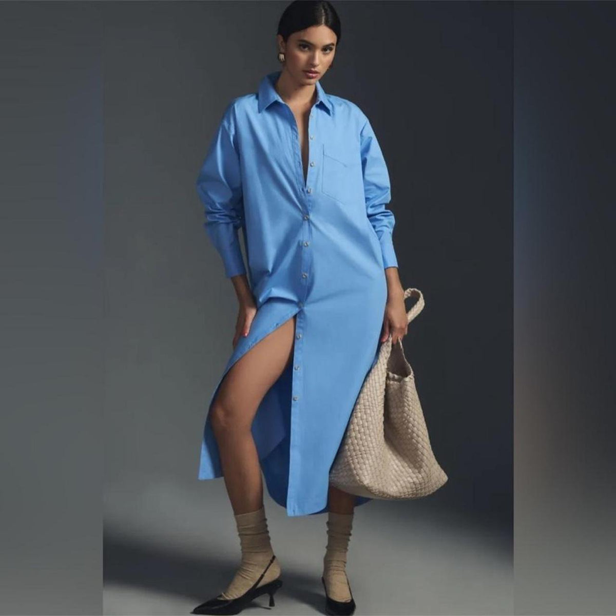 Anthropologie Maeve The Soren Blue Button Down Maxi Shirt Dress