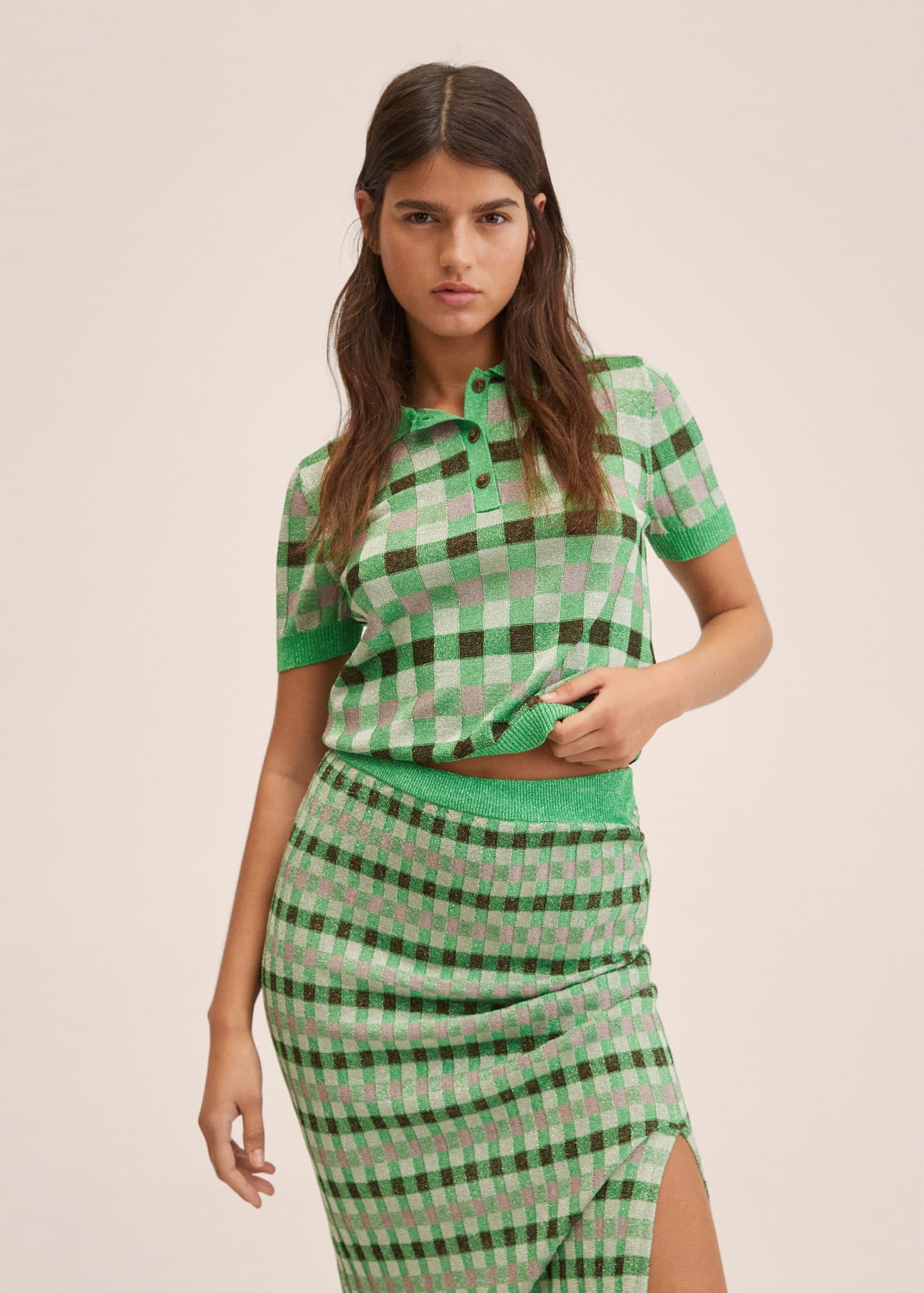 Fine Knit Print Shimmer Polo Shirt In Green