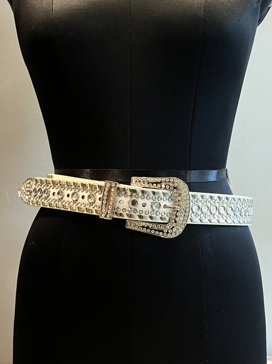 Rhinestone Studded White Belt