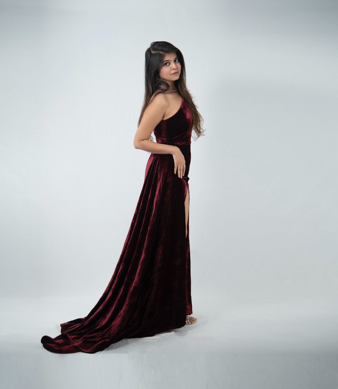 Dolly J Maroon Velvet Evening Gown