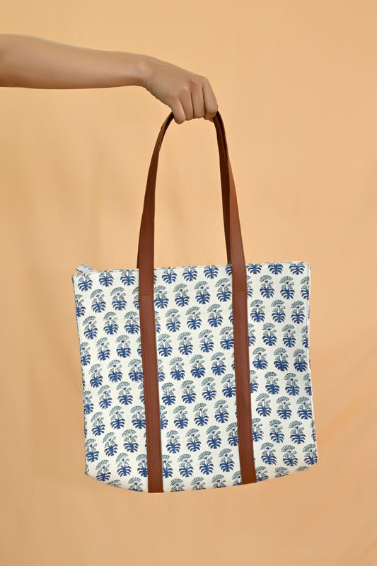 Frosty Floral Block Print Leather Tote Bag