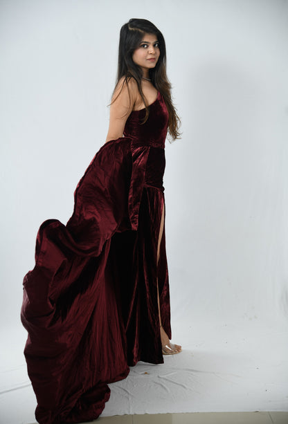 Dolly J Maroon Velvet Evening Gown