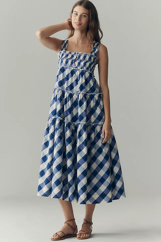 Anthropology Blue The Helena Square-Neck Smocked Tiered Midi Dress