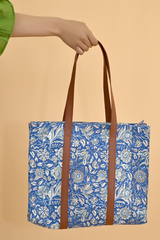 Midnight Blue Block Print Tote Bag