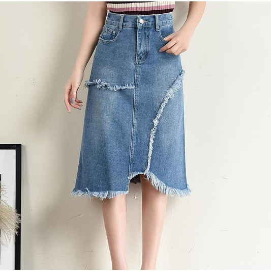 Blue Denim Wrap Midi Skirt