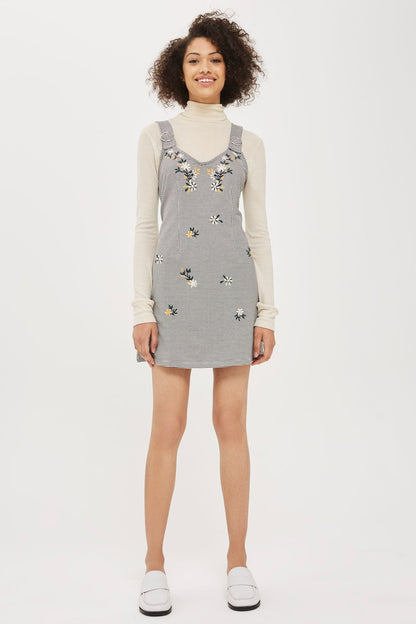 Topshop Petite Gingham Embroidered Pinafore Dress