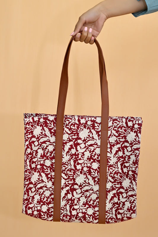 Crimson Glory Block Print Tote Bag