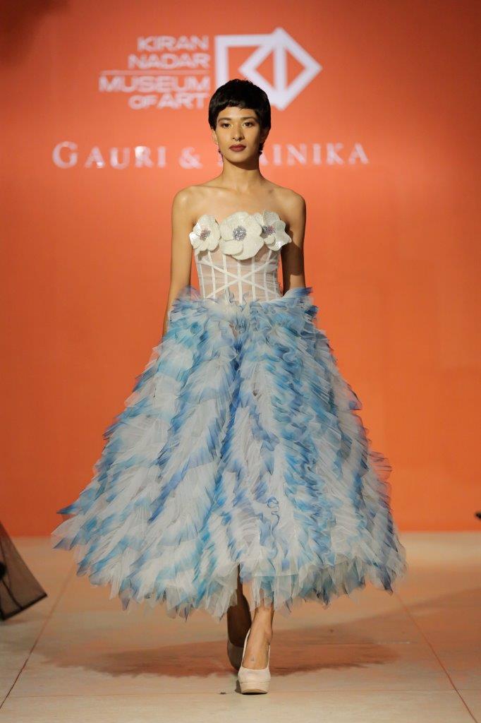 GAURI & NAINIKA DIP DYED SHADED TEXTURE DRESS SKIRT WITH CORSET & MUCHA FLOWERS