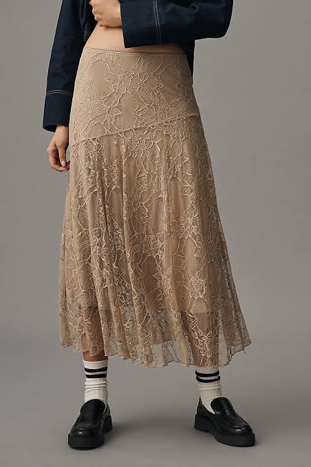 By Anthropologie Asymmetric Drop-Waist Lace Midi Skirt