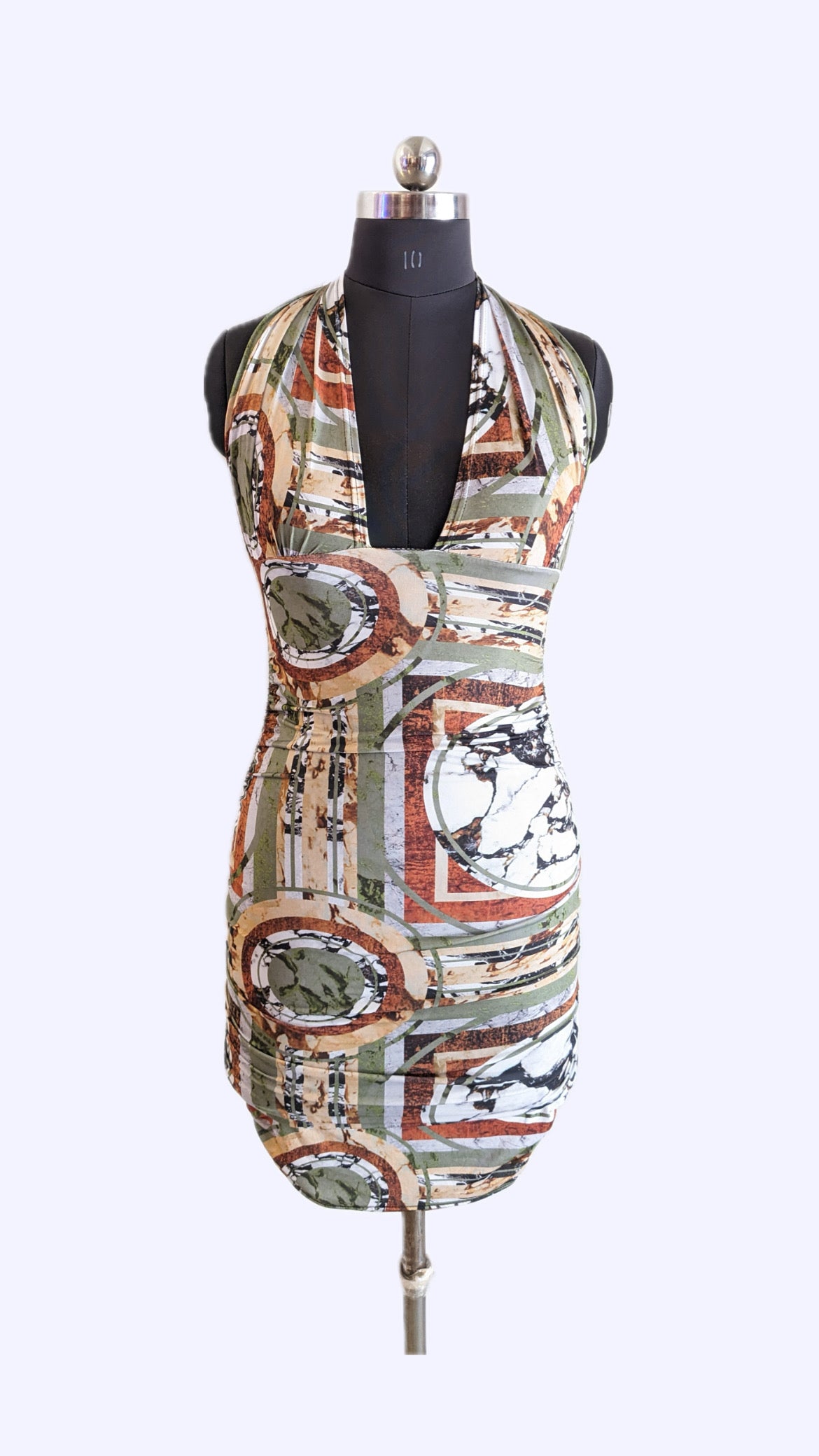 PrettyLittleThing Shape Khaki Tile Print Halter Neck Ruched Bodycon Dress