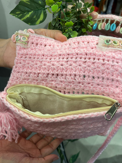 Rosy Pink Crochet Sling Bag