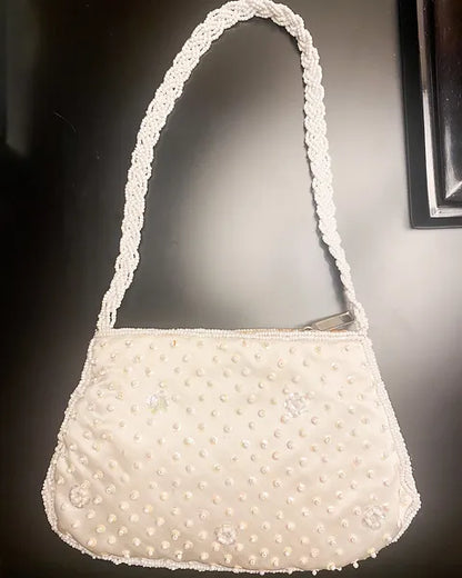 Vintage 1950s White Beads and Sequin HandBag With Beads Handle