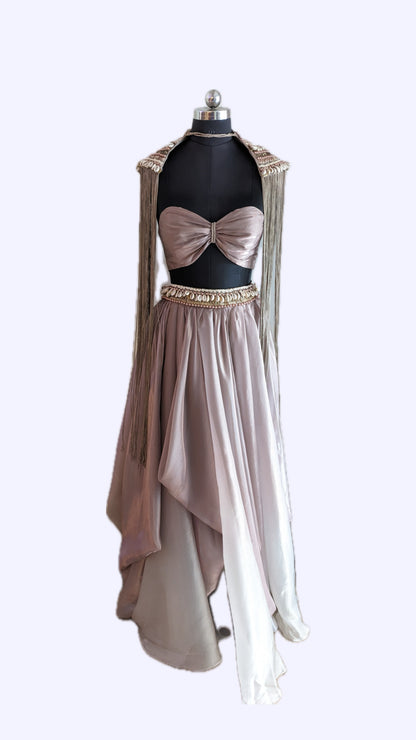 KALKI Taupe Brown Embroidered Cowl Lehenga And Cape Blouse In Shimmer Organza