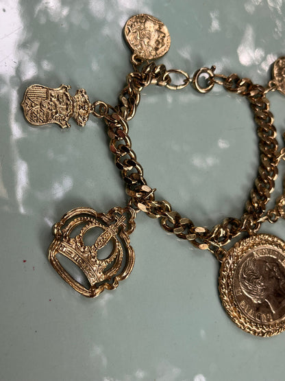 Crown Coin Charms Statement Bronze Bracelet