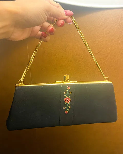 1970s Gatsby Style Black & Gold Tapestry Bag