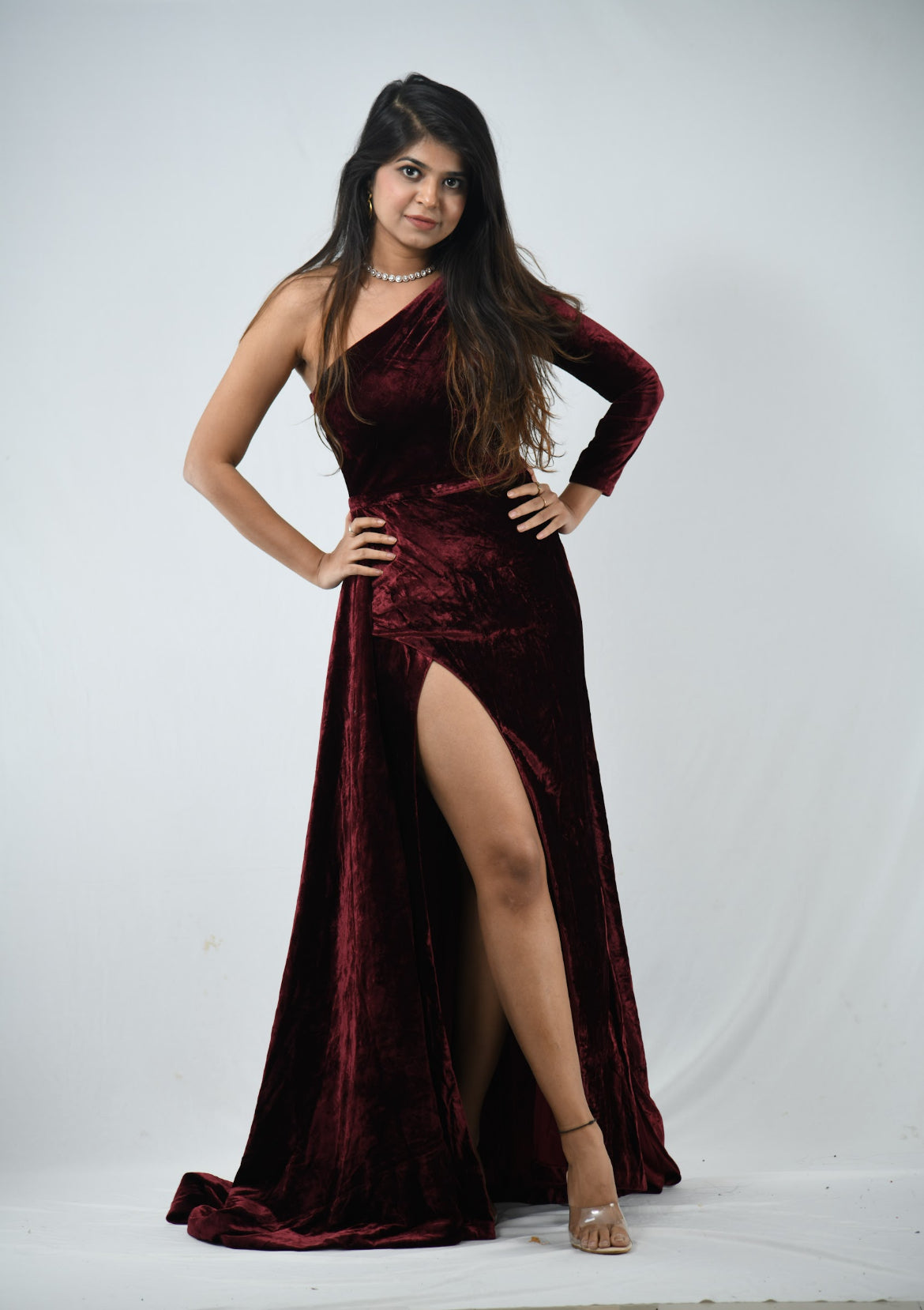 Dolly J Maroon Velvet Evening Gown