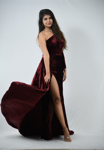 Dolly J Maroon Velvet Evening Gown